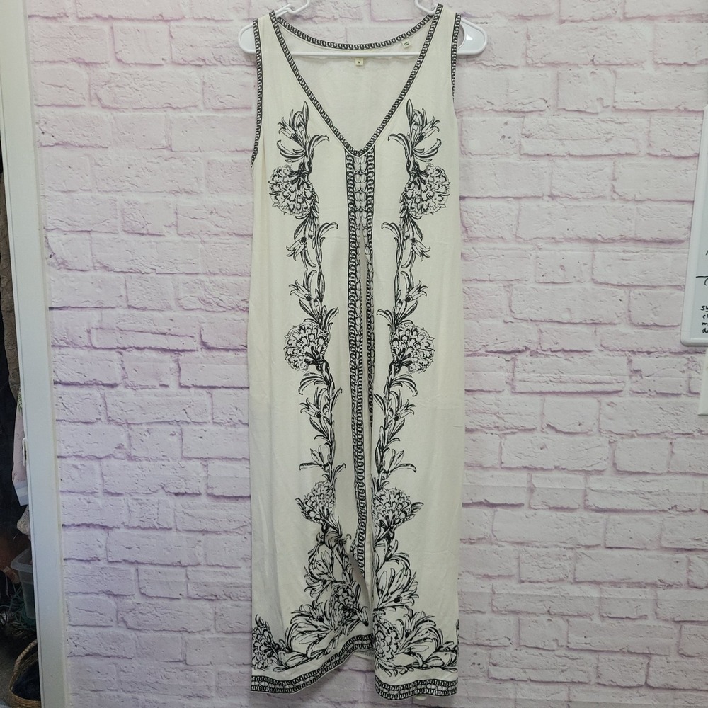 Max Studio Sleeveless Floral Boho Maxi Dress M Cream Cottagecore Prairie Coastal
